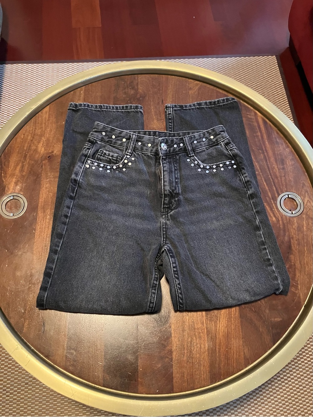 Zara Studded Women’s Jeans Black Size 2 Straight Leg High Rise Medium Wash